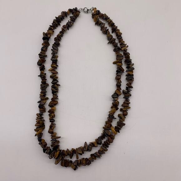 Double Strand Tiger's Eye Chip Necklace Sterling Silver Clasp - Picture 1 of 9